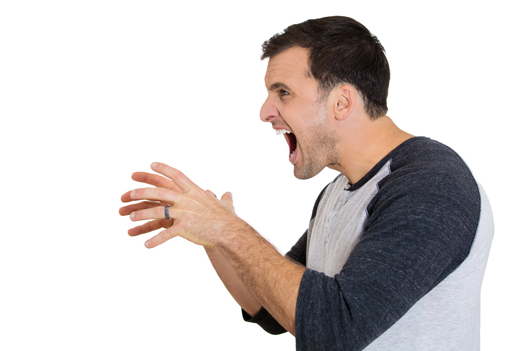 Closeup side view profile portrait of angry man, with hands in air to strangle someone, isolated on white background. Negative emotion facial expression feelings. Conflict problems issues